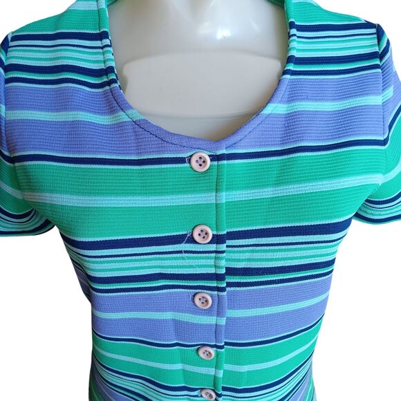 1OF1 Medium Vintage Mom Top 1980's Striped Button-Up Pullover Handmade Stretch - Picture 1 of 6